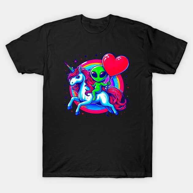 Funny Valentine Day Believer Ufo Alien Riding Unicorn T-Shirt by Outrageous Flavors